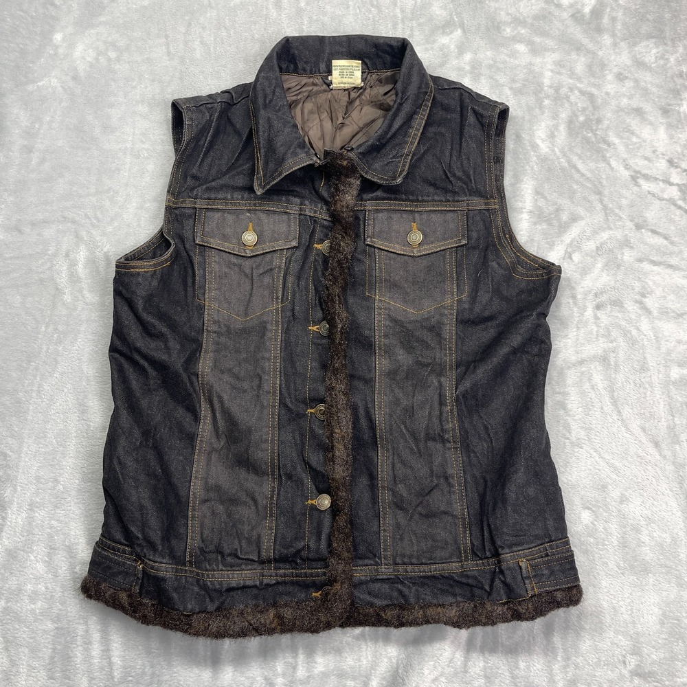 St. John's Bay Trucker Vest Womens M Black Denim Faux Fur Trim Button‎ Front